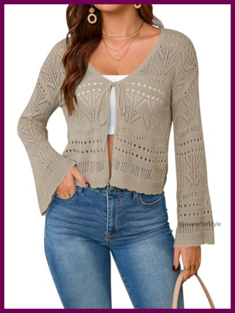 Crochet Cropped Cardigan Tie Front Sweater Bell Sleeve Boho Layering Top